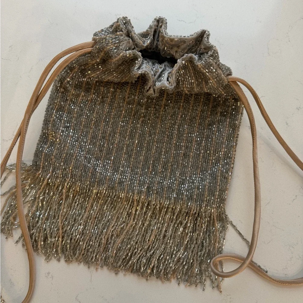 Zara Gold Beaded Fringe Drawstring Wristlet - Picture 4 of 8